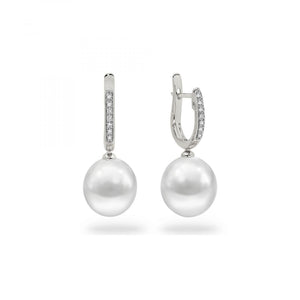 White Gold Pearl and Diamond Huggie Earrings