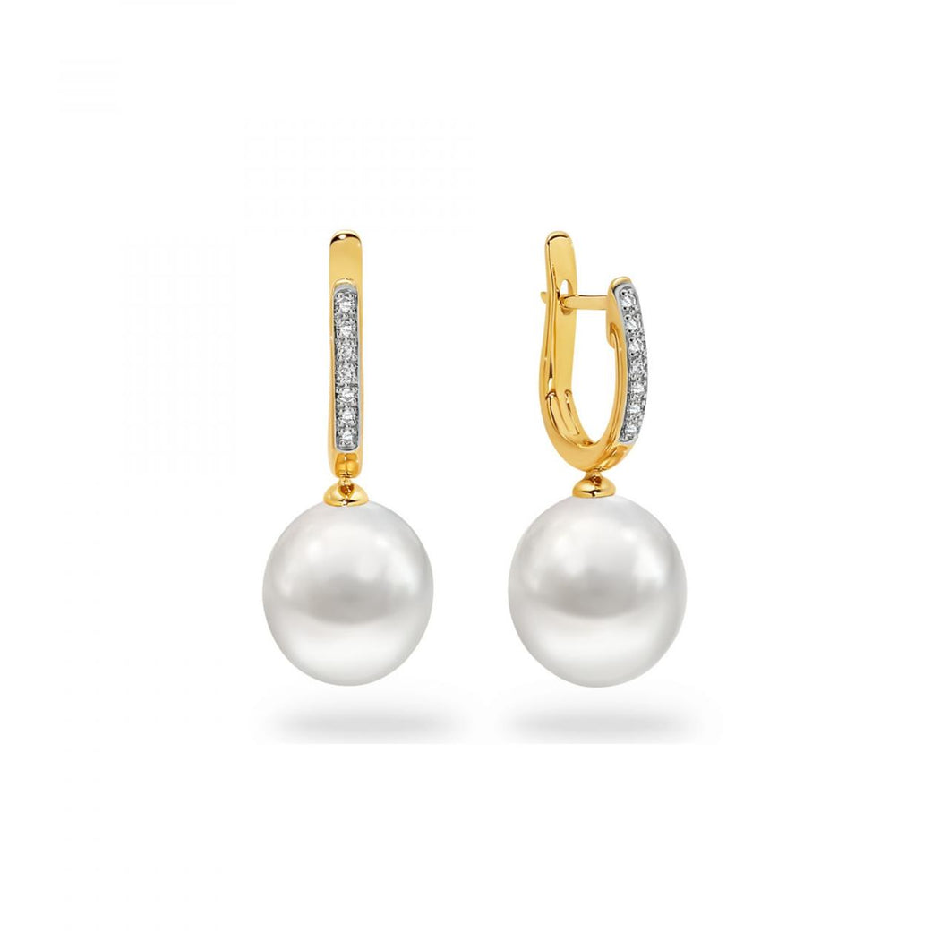 Yellow Gold Pearl and Diamond Huggie Earrings